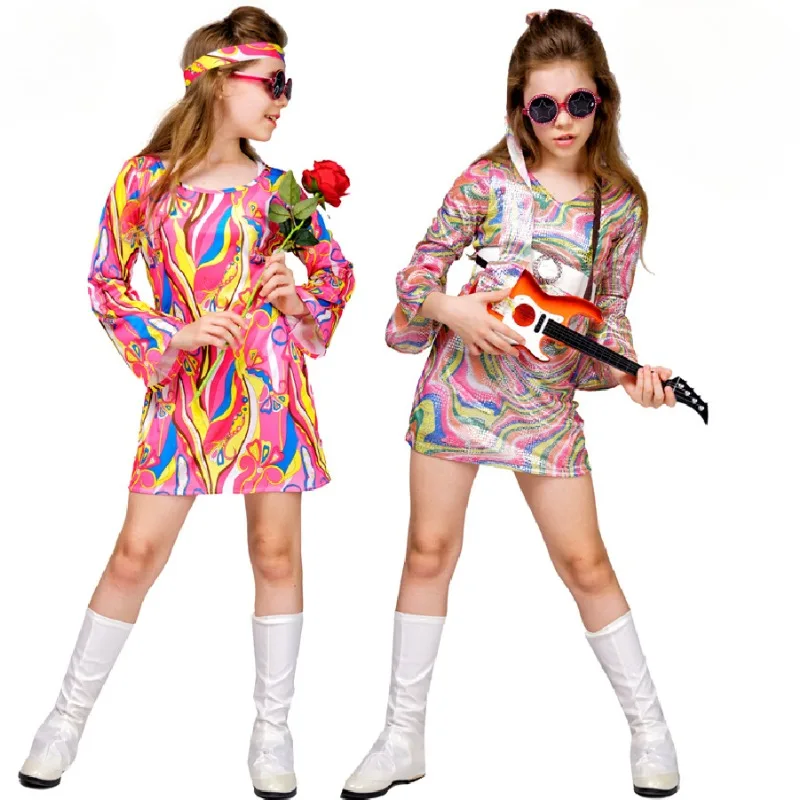 

Girls Disco Hip-hop Costume Retro 70s 80s Jazz Dance Dress School Stage Performance Novelty Clothes Halloween Party Children