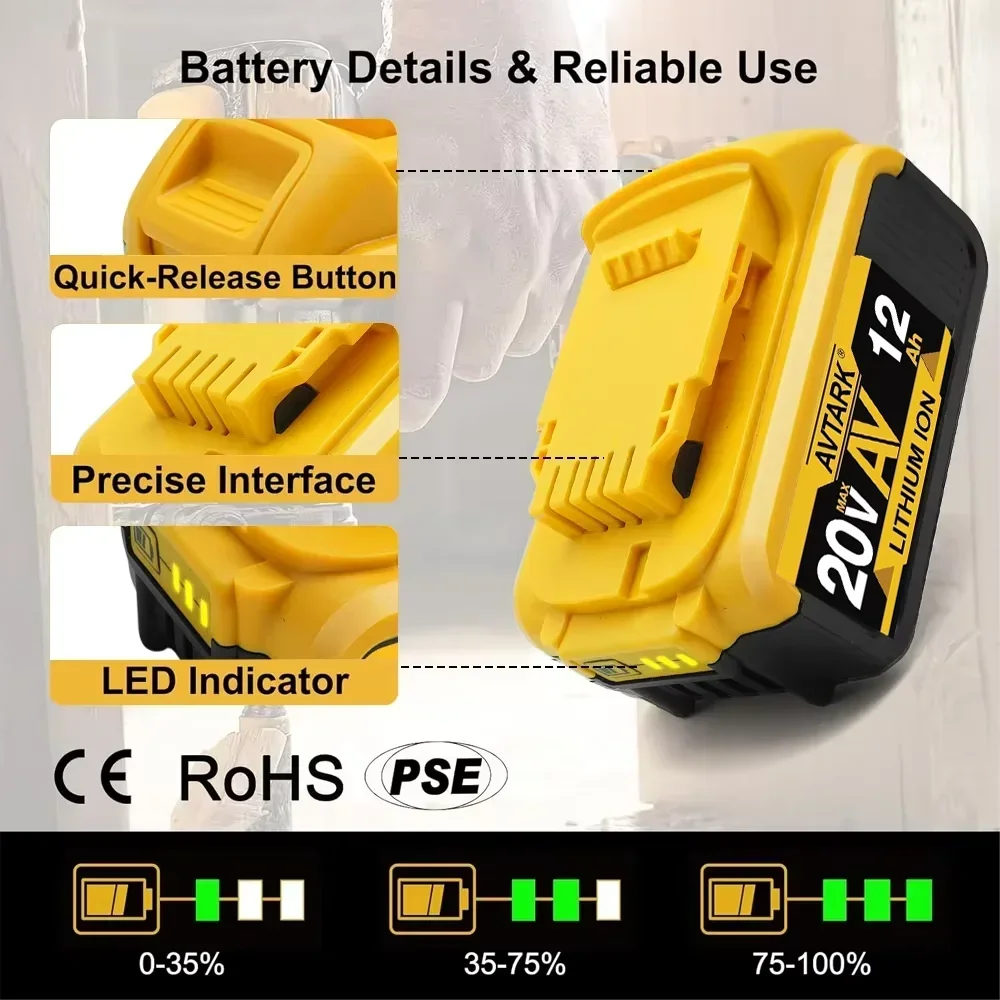 Original 20V for DeWalt 12Ah Li-ion Battery - Compatible with DCB200/DCB205, Fast Charging & Overheat/Short Circuit Protection