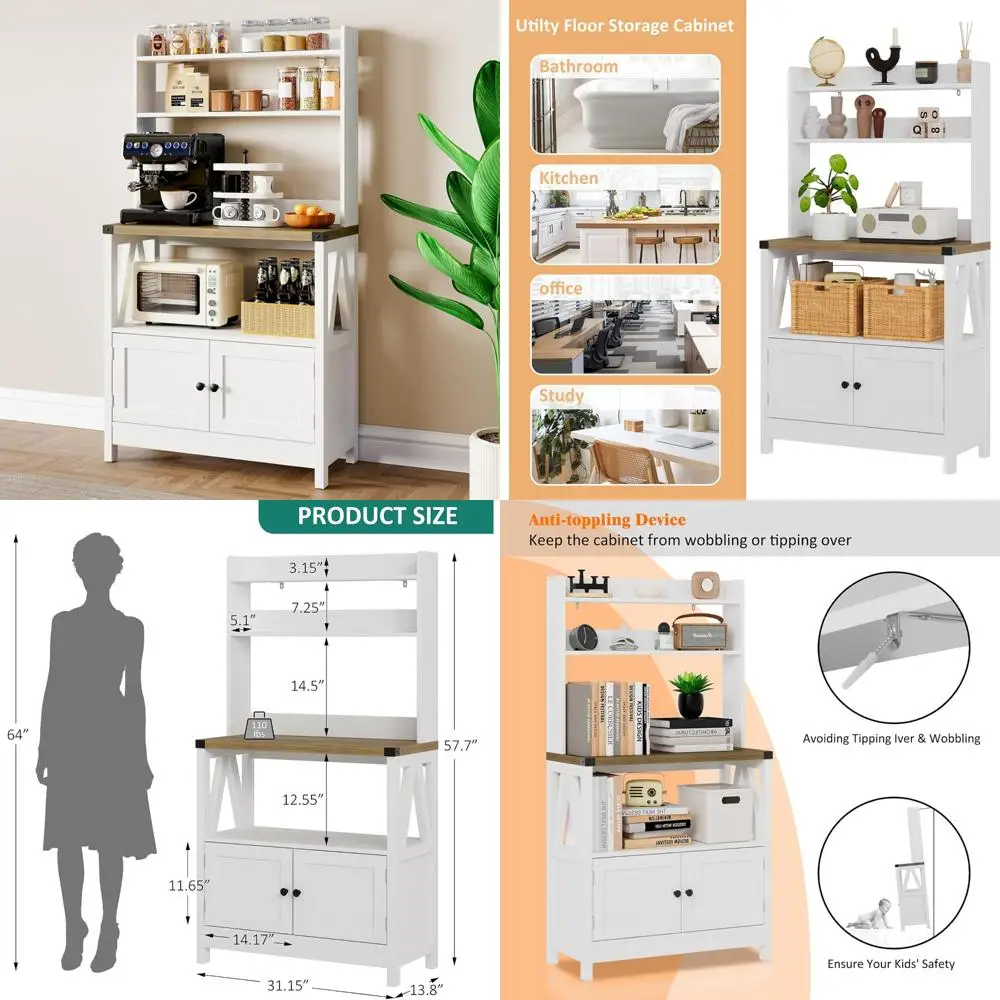 

5-уровневый отдельно стоящий кухонный шкаф для хранения в фермерском стиле и утолщенными дверями для подставки для микроволновой печи и стеллажа для пекарей