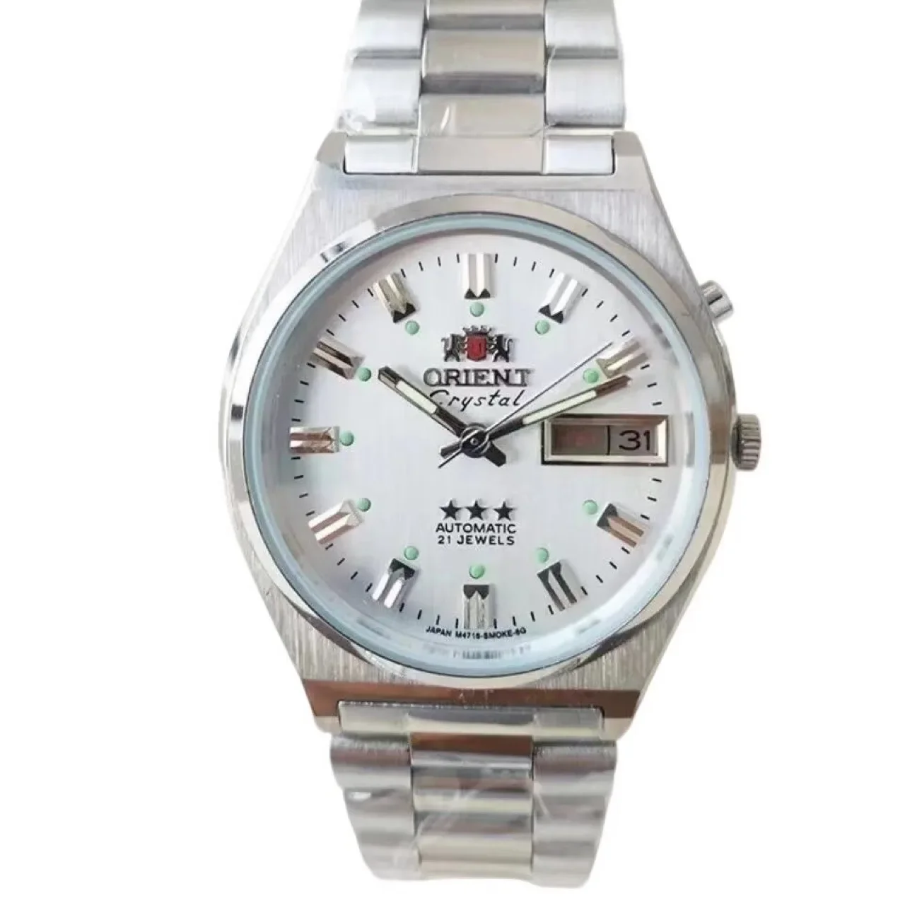 Orologio automatico da uomo Orient Crystal - 21 rubini, quadrante bianco con pennarelli luminosi, cinturino in acciaio inossidabile, datario