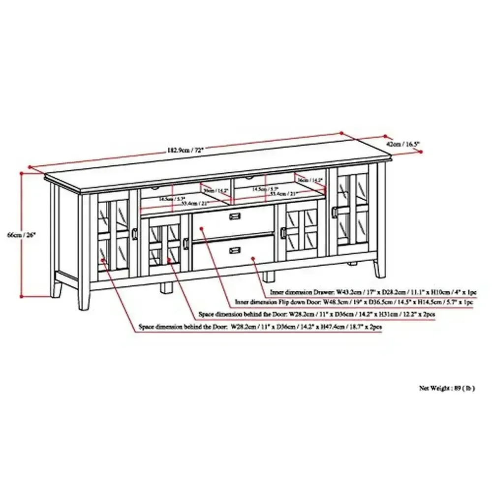 Wide Pine TV Stand with Glass Doors and Drawers Transitional Media Storage 72