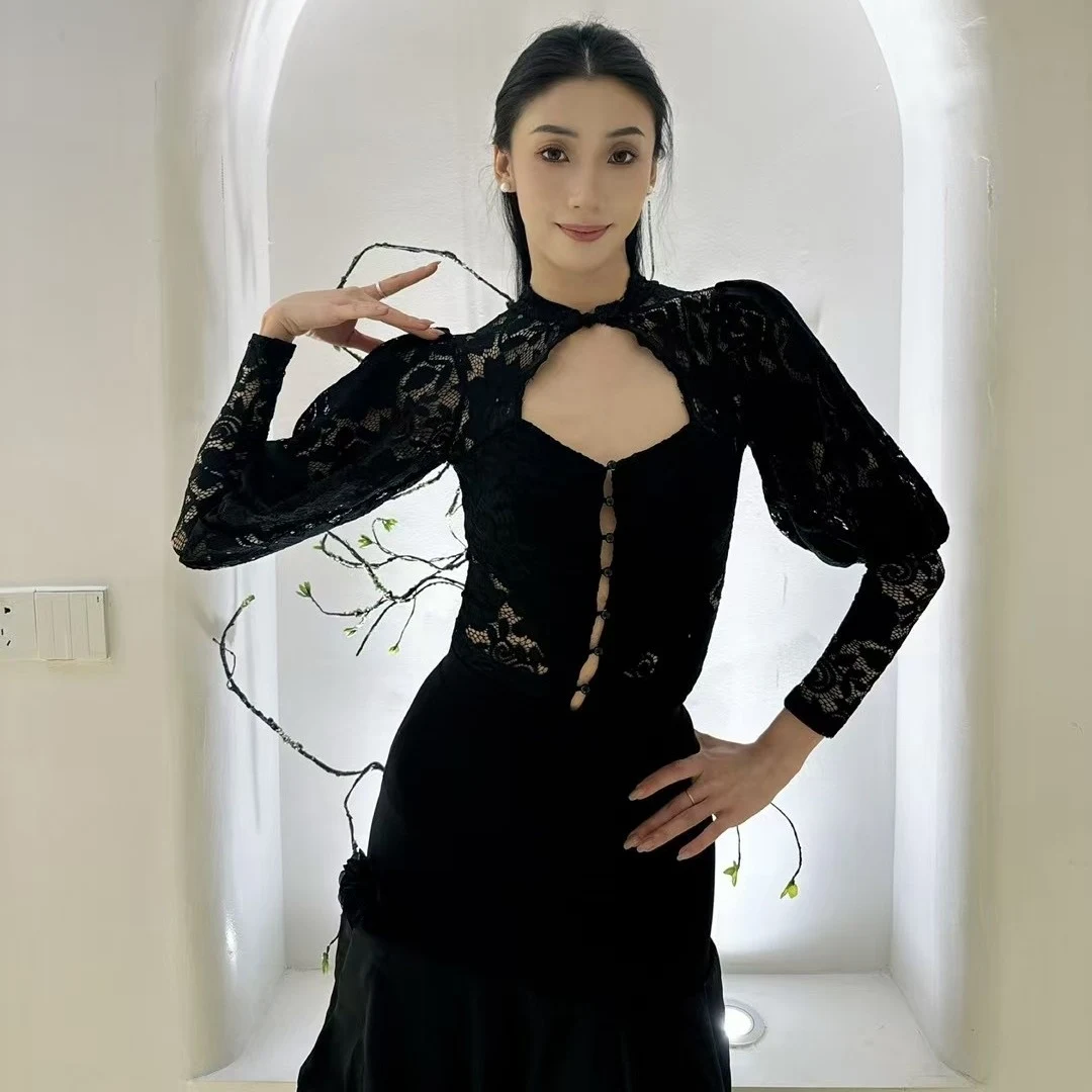 2025 dentelle noire évider haut de danse latine femmes salle de bal danse pratique Performance Costume Rumba valse danse vêtements BL15833