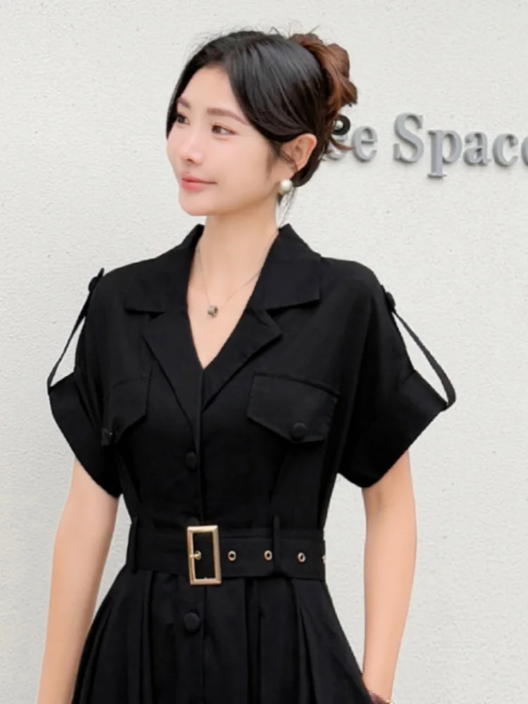 فستان SMTHMA الفرنسي الكوري الأنيق للنساء لصيف جديد 2025 فساتين طويلة أنيقة بمزاج الخصر النحيف السخية مع حزام