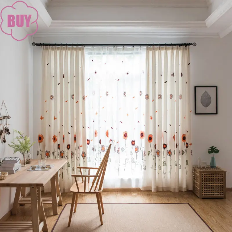 Pastoral Curtains for Living Dining Room Bedroom Fresh Embroidered Sunflower Curtains Matching Tulle Customization