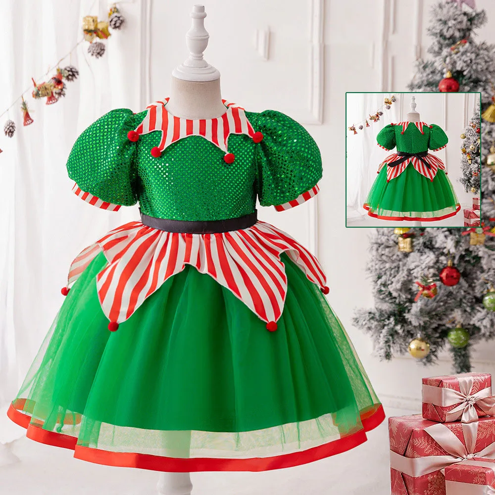 

Christmas Children'S Dresses Sequined Red Green Girls Clothing Prom Performances Costume Fashions Elegant Kids Princess Dress