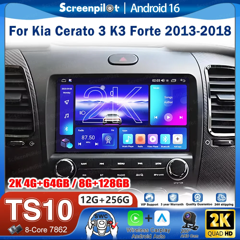 Radio Estéreo para Auto con Android 16 para Kia Cerato 3 K3 Forte 2013-2018, Reproductor Multimedia de Video, GPS, Navegación, Pantalla Táctil, Bluetooth