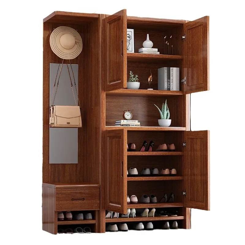 

New Chinese style, walnut solid wood with mirror porch cabinet, household small apartment, entrance foyer cabinet