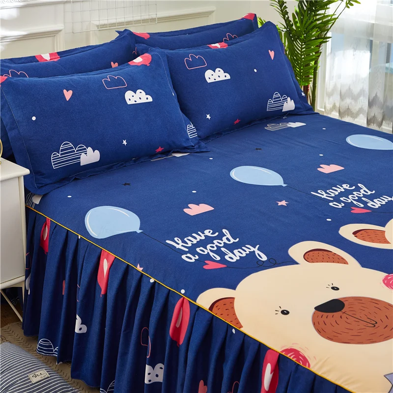 Cartoon Style Bed Skirt with Pillowcase Home Bedspread Ruffles Bed Cover 120/150/180/200 Cute Bedsheet with Skirt falda de cama