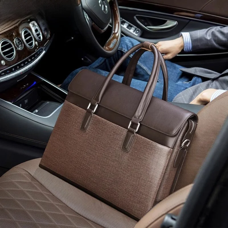 

Luxury Men's Leather Handbag Busin Trip Document Bag Large Capaci Briease Casual Faion Soft Handle Zipper Closure