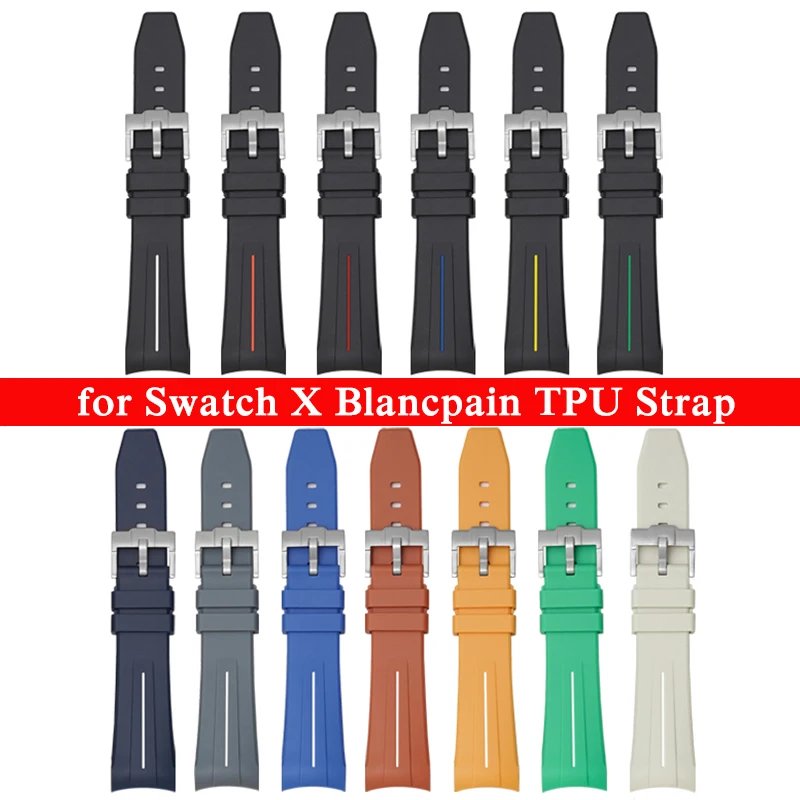 TPU Rubber Watch Band 22mm for Swatch X Blancpain Fifty Fathoms Curved End Silicone Waterproof Five Ocean Strap for Men Women