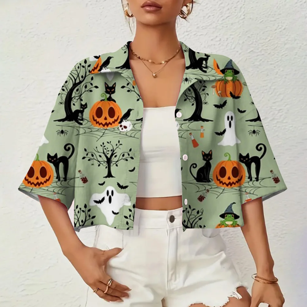 Halloween Style Women\'s Lapel Shirt Women\'s New Holiday Casual Fashion Short Shirt 3D Printing Crafted Loose and Comfortable