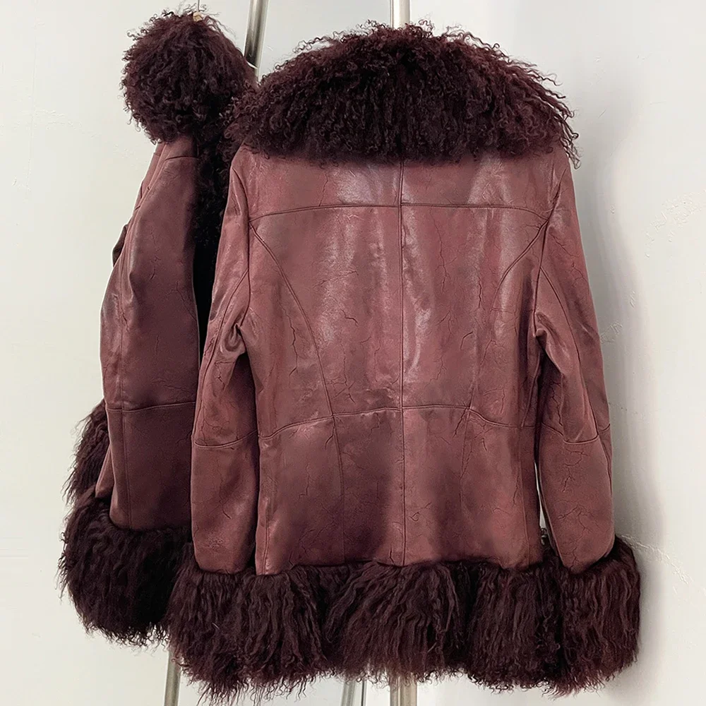 OFTBUY New Winter Warm Curly Mongolia Sheep Fur Jacket Women Vintage Shearling Coat Slim Faux Suede Real Rabbit Fur Clothing