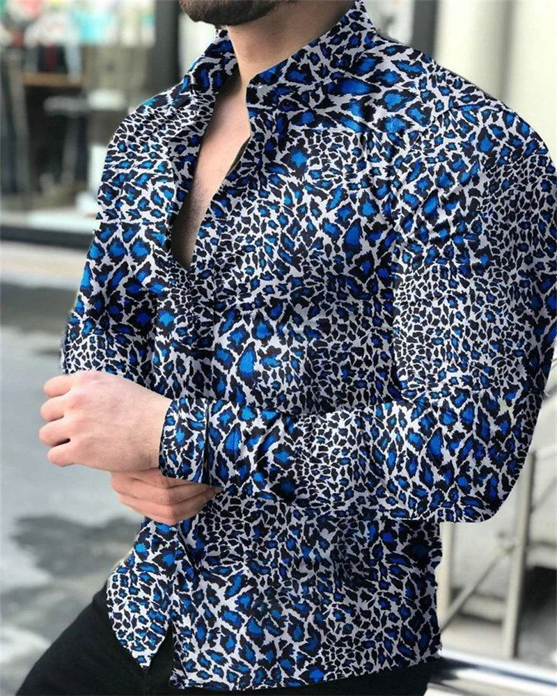 Fashion Luxury Men\'s Shirt Leopard Print 3D Print Long Sleeve Social Shirt Lapel Oversized Top T-Shirt Men Autumn Clothing