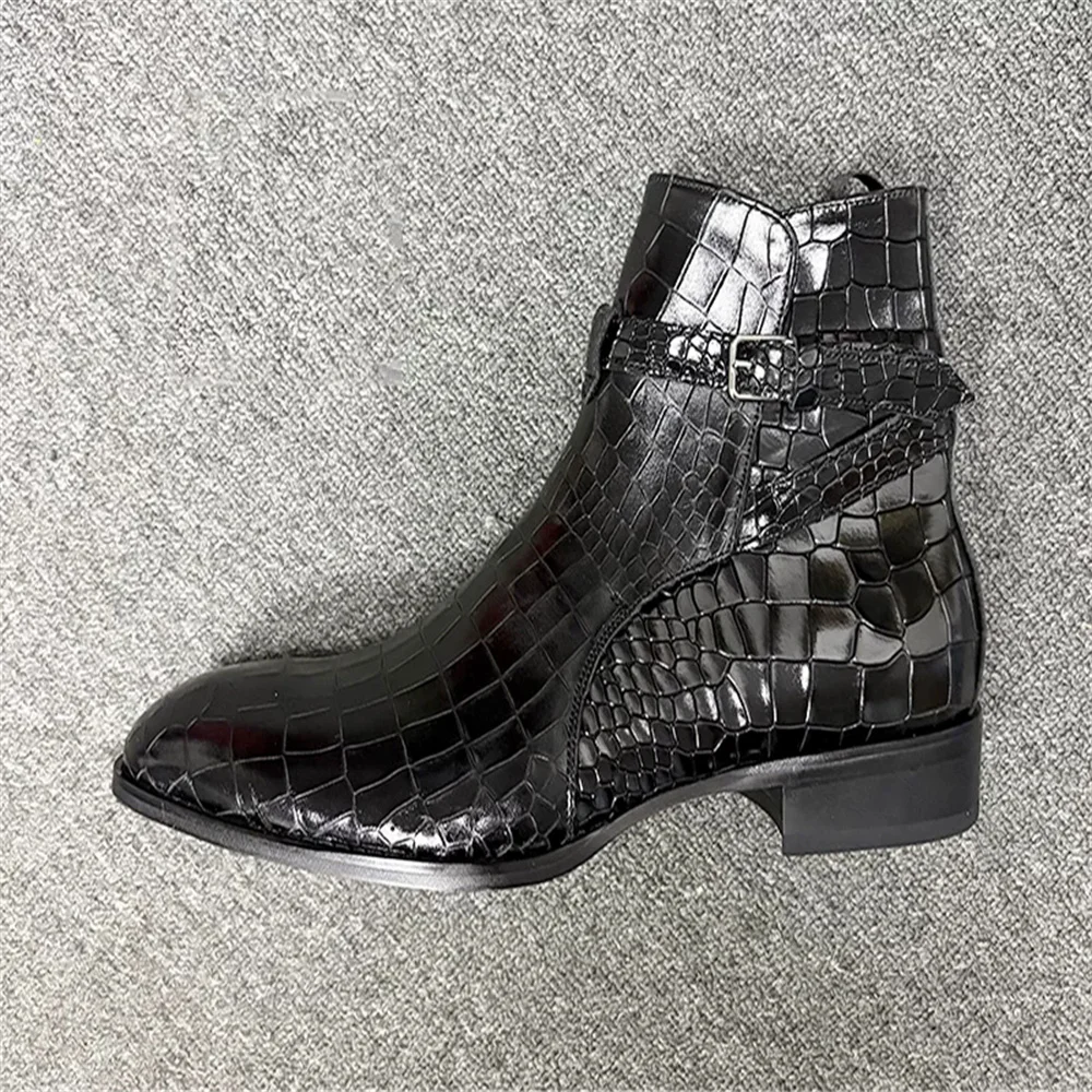 Men Snake Pattern Embossed Leather Shoes Round Toe Thick Heel Front Buckle Strap Comfortable Business Short Chelsea Boots