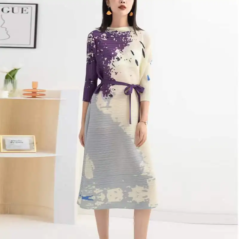 Pleated Early Autumn Dress Women\'s 2023 New Summer Print Loose Fashion Casual Thin Temperament Skirt Long Dress