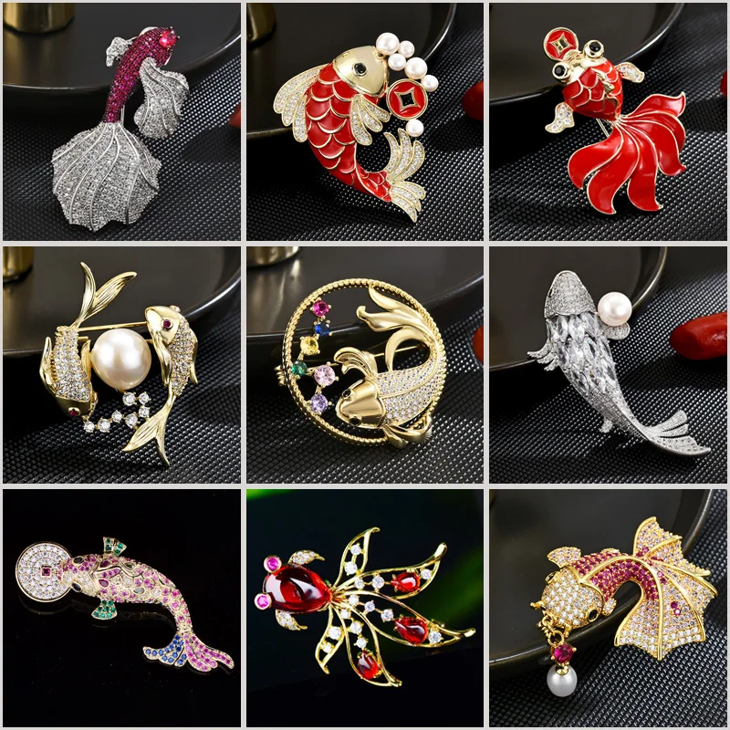 

Luxury Goldfish Ladies Brooch Elegant Corsage Fresh Water Pearl Enamel Pins Temperament Refined Good Luck Koi Accessories Gifts