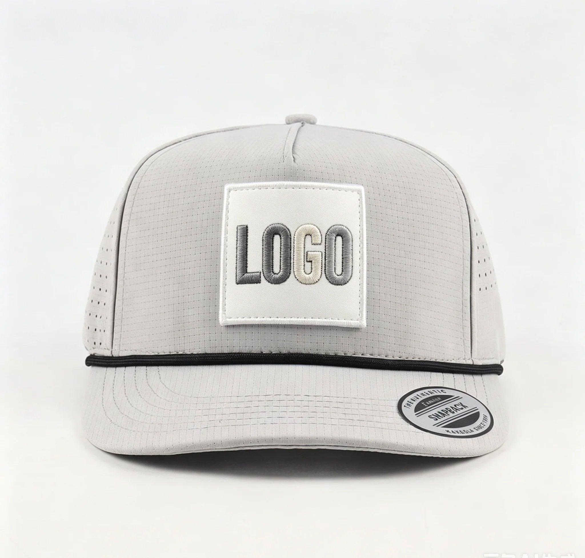 Men's Grey Waterproof Sports Cap with Laser-Cut Holes Custom Printed Rubber Patch Logo Polyester Rope Performance Cap