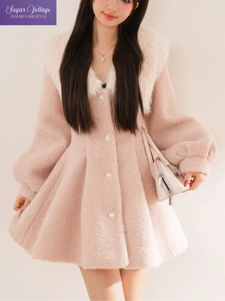 

Роскошное французское шерстяное пальто, женское твидовое пальто с завязкой на талии, плюшевый меховой воротник, толстая теплая зимняя шикарная элегантная длинная верхняя одежда, платье