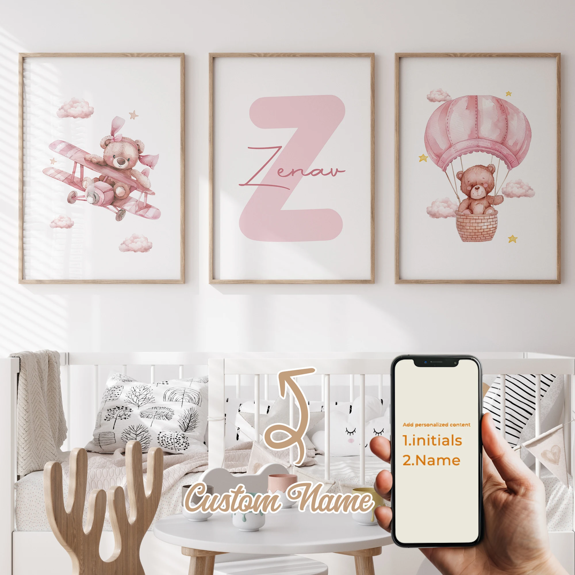 

3pcs Personalized Custom Name Cartoon Pink Airplane Wall Art Print Picture Canvas Poster Painting For Living Room Home Decor