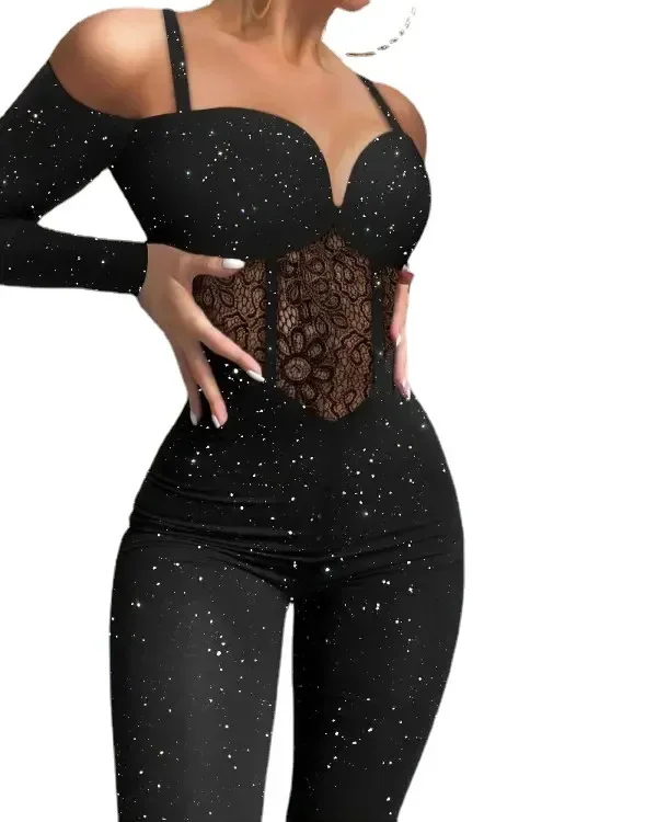 Women Lace Hollowed Fashion Jumpsuit Glitter Highlight Knitted Fabric Sleeveless Jumpsuits Pants High Waist