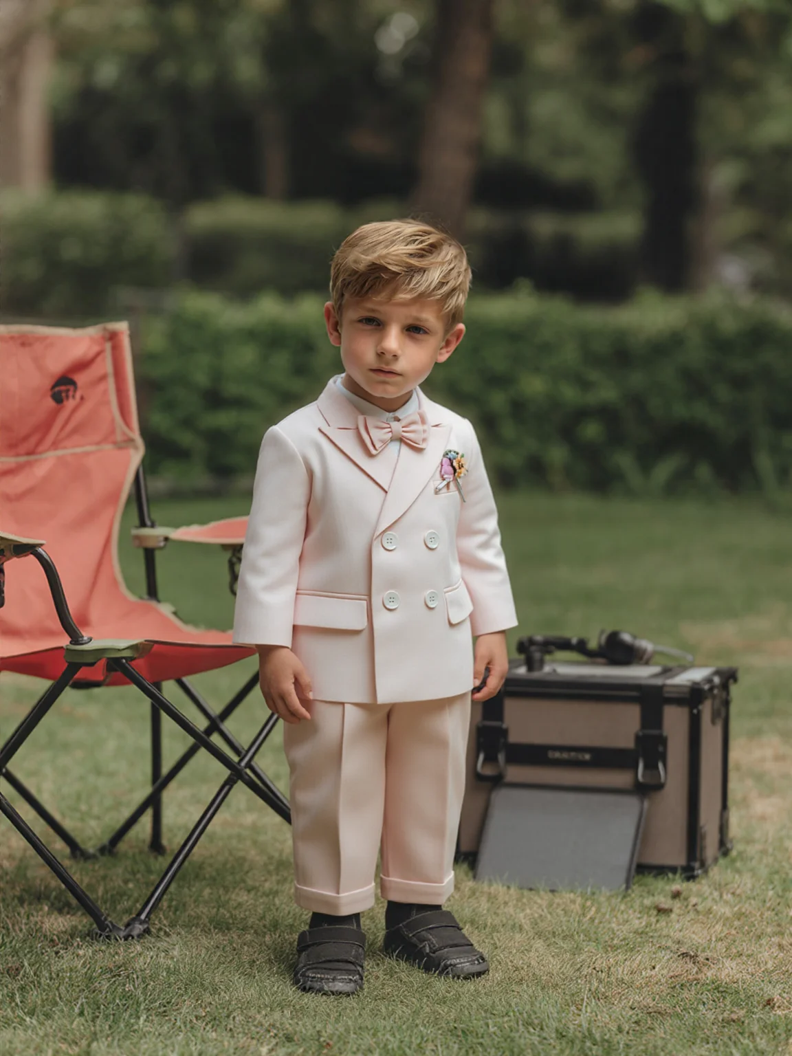 

Kids Pure Pink Blazer Suit Set Flower Boys 5Pieces Wedding Dress With Jacket Vest Pants Bowtie Brooch Children's Birhtday Outfit