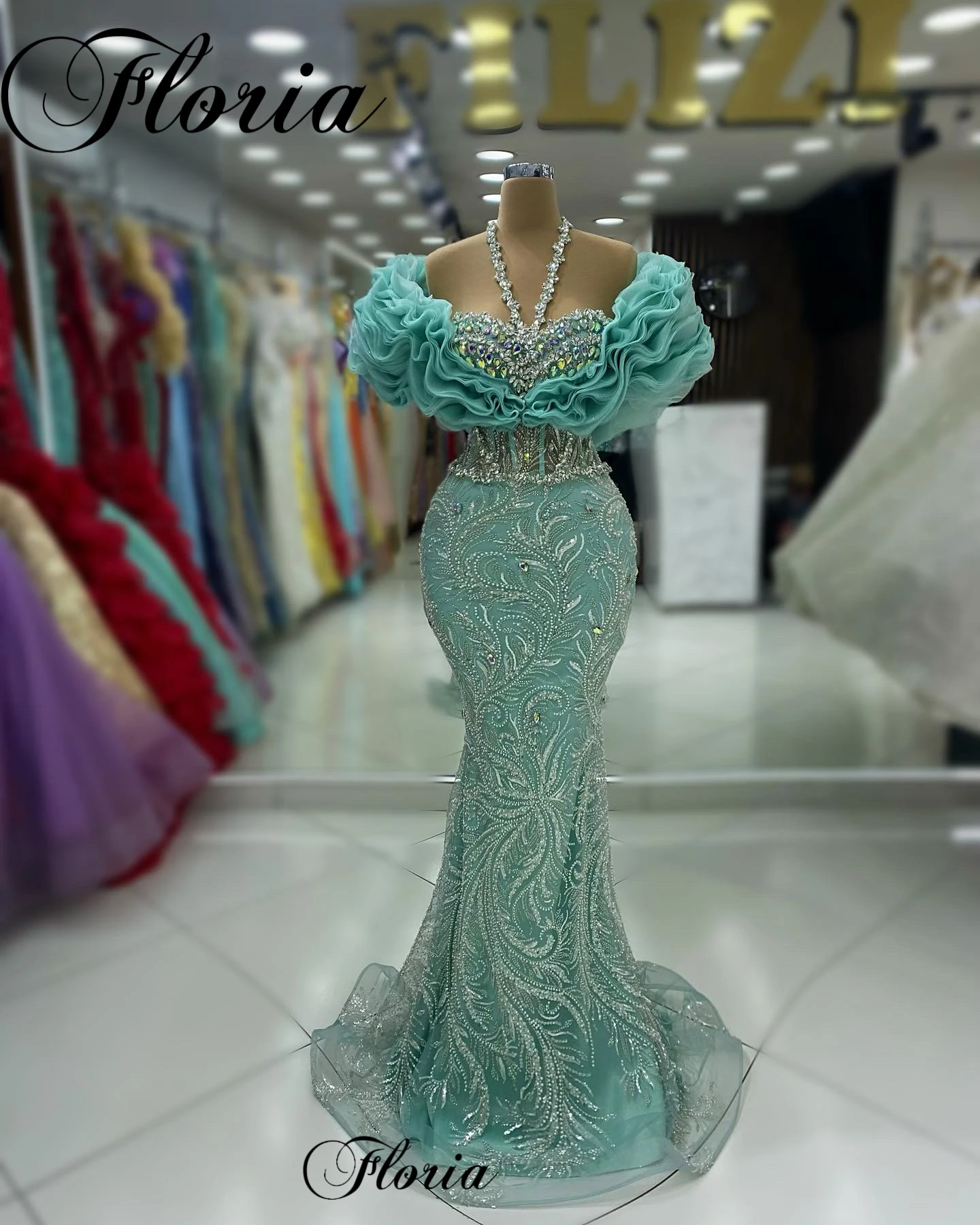 Mint Green Beaded Celebrity Dresses With Crystals Off Shoulder Sweetheart Opening Ceremony Dresses For Women Vestidos De Noche