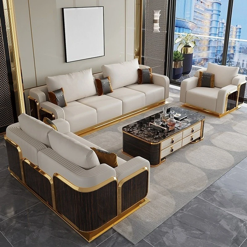 Italian light luxury solid wood leather sofa American postmodern villa model room living room with special-shaped furniture