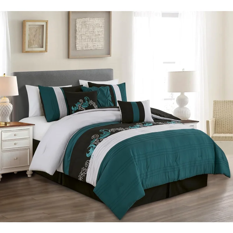 

7-Piece Luxury Leaves Scroll Embroidery Bedding Comforter Set (Oversized King, Teal/Black/Gray)