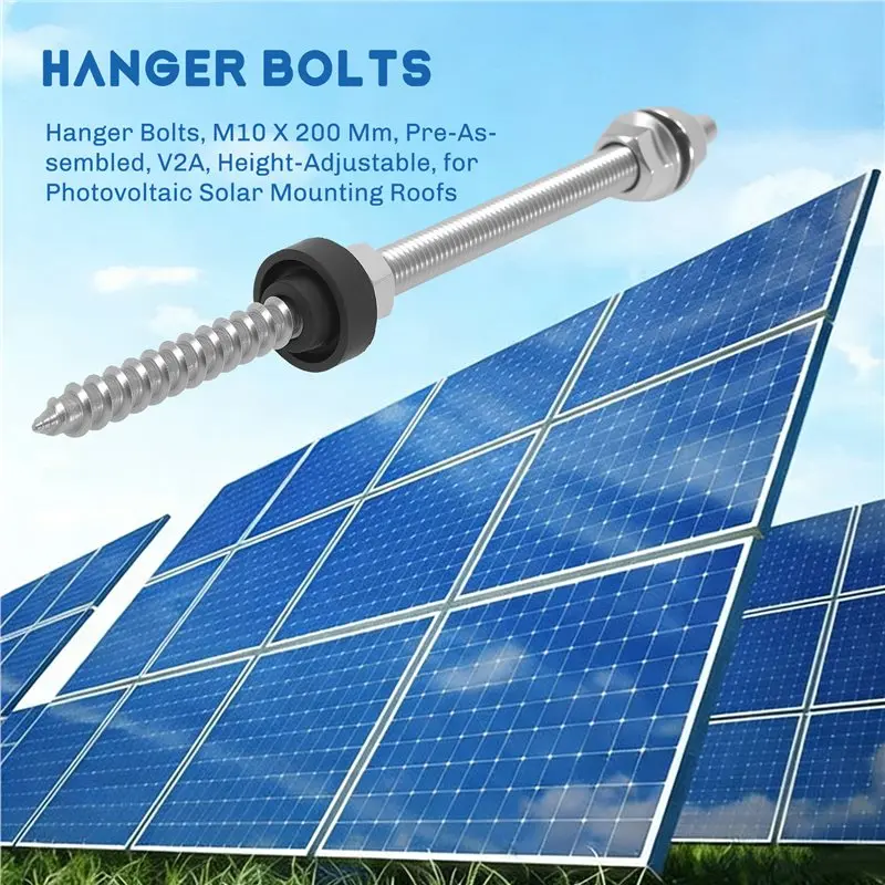 PERFECT MODERN Silver Hanger Bolts M10 X 200 Mm, Pre-Assembled, V2A, Height-Adjustable, For Photovoltaic Solar Mounting Roofs, 8