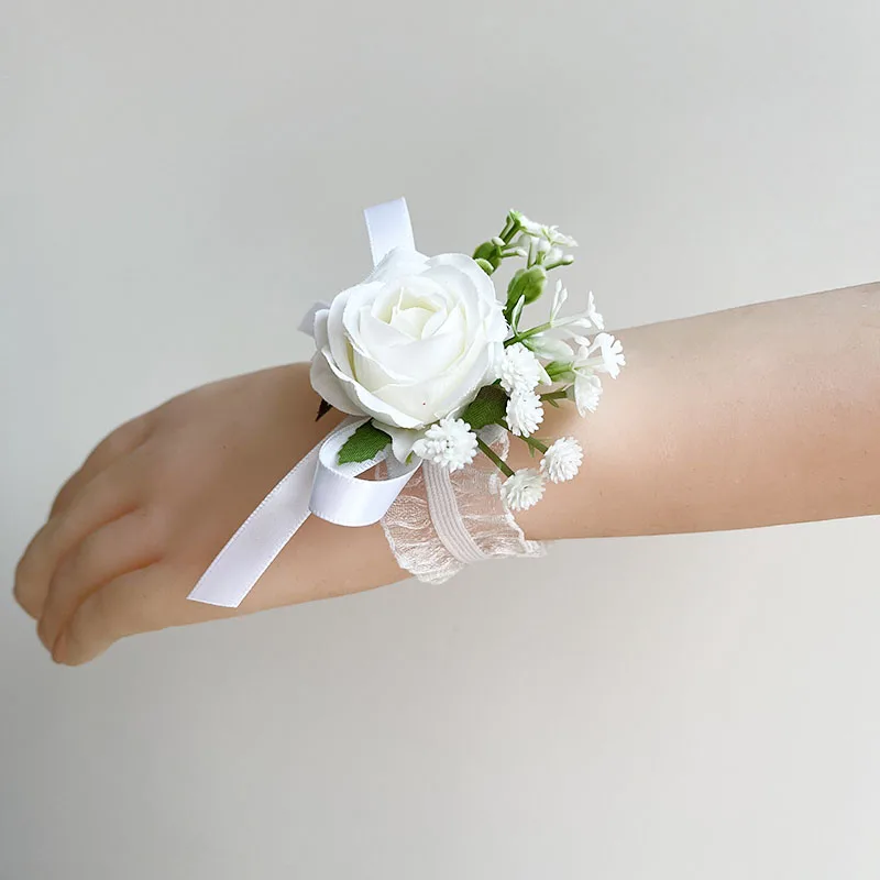 Rosas de seda blancas para bebé, accesorios de boda, pulseras de ramillete de muñeca, flores artificiales para damas de honor, ojal