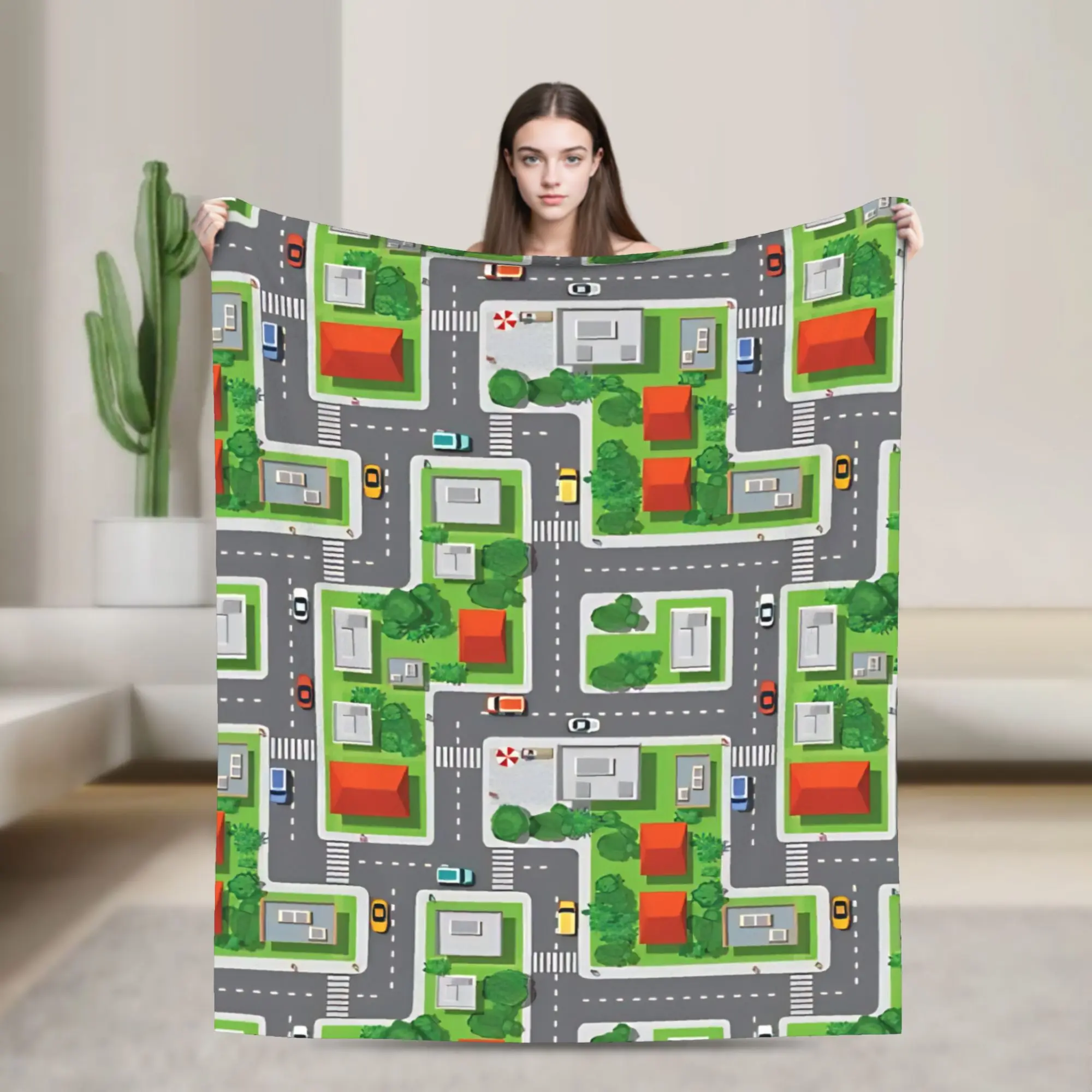 

Флисовое одеяло с рисунком Road Traffic Fun Town Overview, теплое одеяло для кровати, автомобиля,