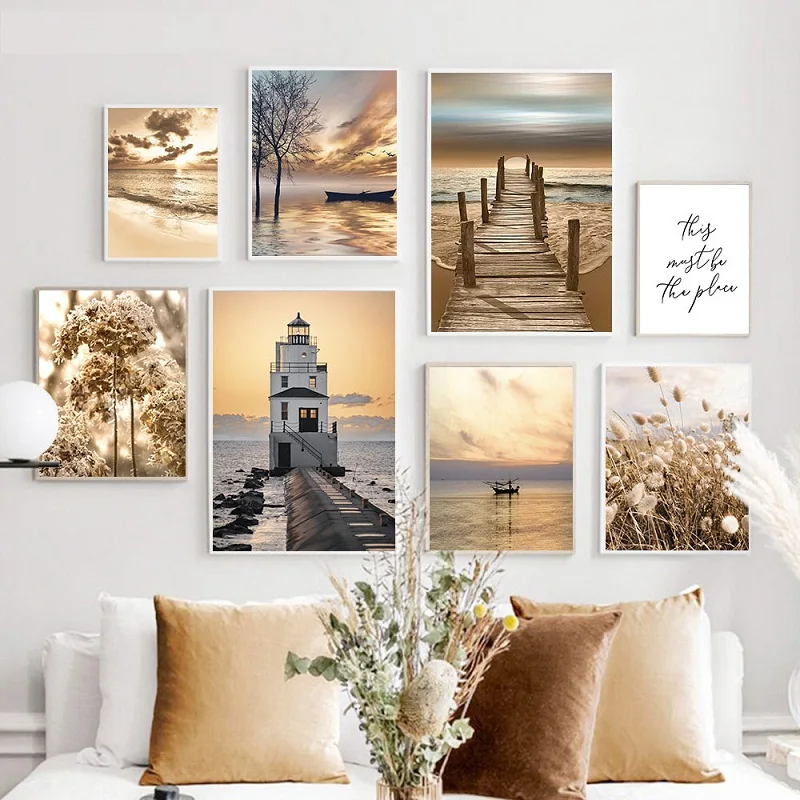 1pc Frameless Nordic Aesthetic Wall Art Seascape Architecture Reedgrass Tree Joe Boat Oil On Canvas Posters And Prints Living Ro