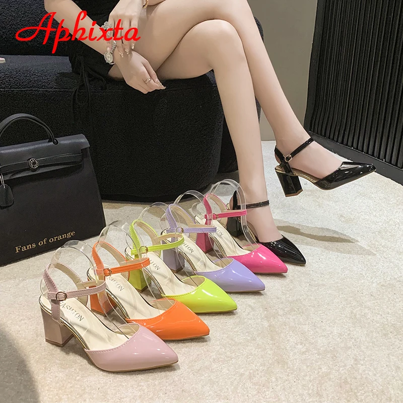 Aphixta Summer Hot Sale 7cm Square Heel Ankle Strap Pointed Toe Sandals Women Patent Leather Shoes Pimp Plus Big Size 46