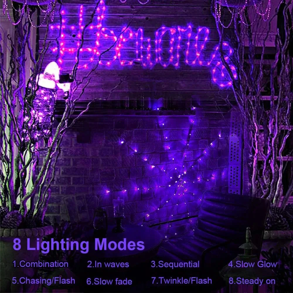 Halloween LED Spider Web Light Purple Orange Decorative String Lamp with 8 Mode Waterproof Indoor Outdoor Atmosphere Party Decor