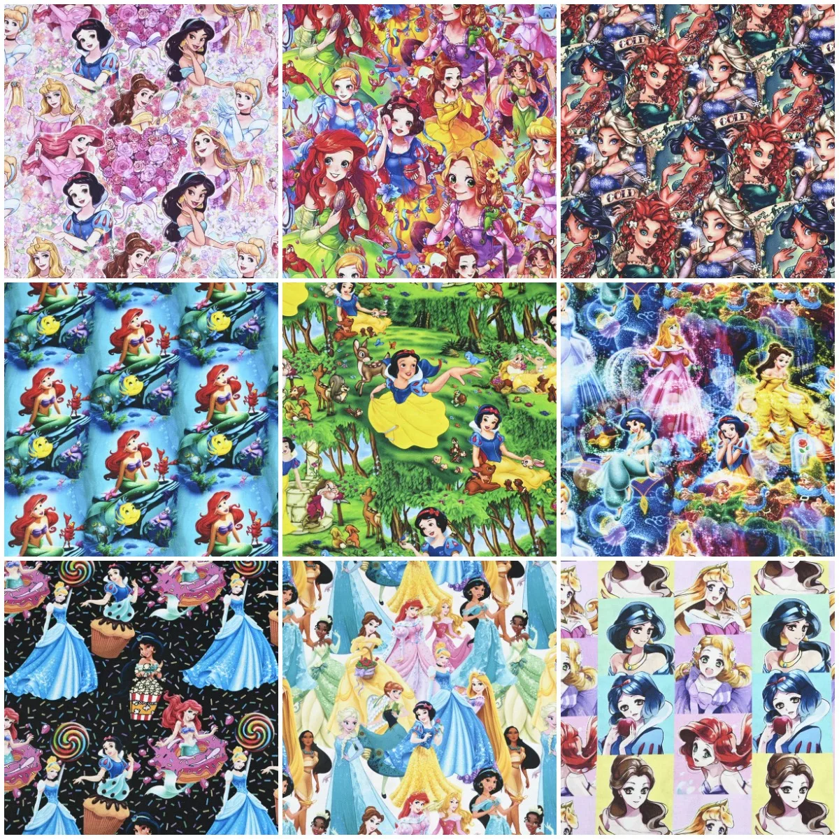 Width 1.1 Meter Disney Princess Cotton Fabric Print Ariel Anna Elsa Alice Princess Fabrics For Sewing Patchwork Clothes Material