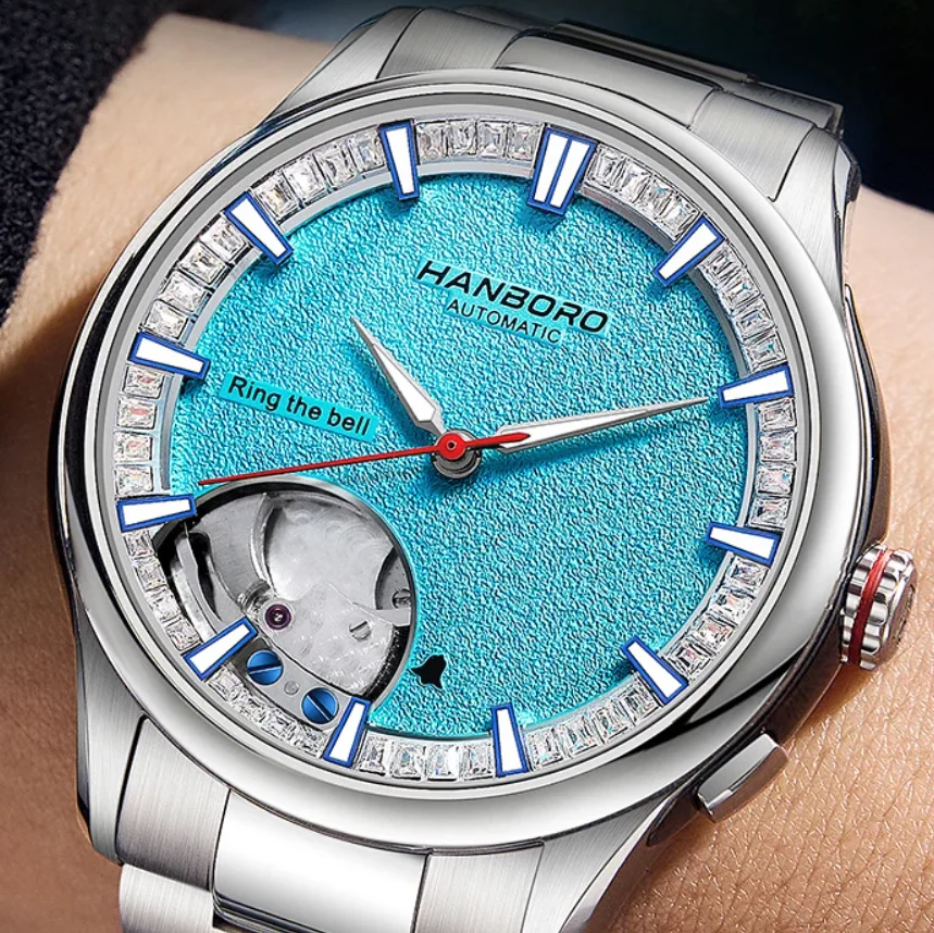HANBORO Men Automatic Watch Luxury 41.5MM Alarm Mechanical Wristwatch 5Bar Sapphire Luminous Skeleton Dial Ring The Bell