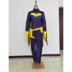 The Bat Gotham Knight Cosplay Costume Barbara Gordon Outfit Purple Faux Leather Jumpsuit with Cape Halloween Fancy Suit