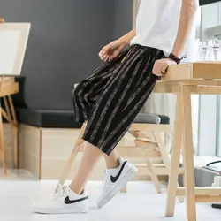 Trend Fashion Versatile Summer New Men's Elastic Waist Drawstring Striped Printing Chinese Style Loose Knee Lengt Board Shorts