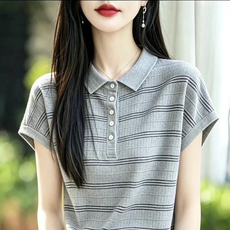 

Summer new women's short sleeved polo collar knitted LyocellT-shirt casual striped women's pulloverT-shirt fashionablehot sellin