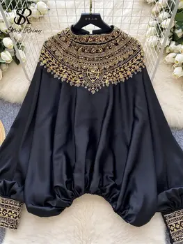 SINGREINY Podzimní flitrovaná vintage saténová halenka pro ženy s netopýřími rukávy a korálky, elegantní volné topy, vysoce kvalitní seniorské prázdninové topy 10 nejlepší prodej halenka s flitry - №2