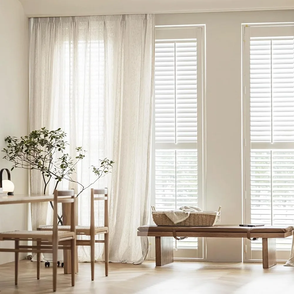 ستائر شفافة من الكتان باللون البيج بطول 102 بوصة، ستائر ذات ثنيات قلم رصاص خفيفة، 42 عرض × 102 لتر، لوحتين #2