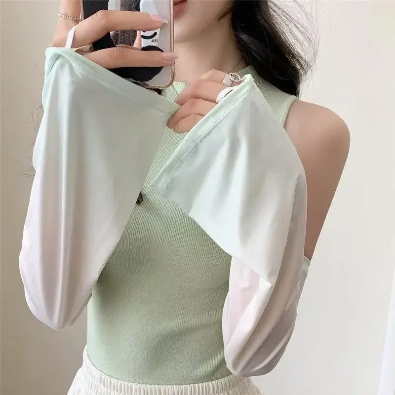 Set di maniche di protezione solare con supporto in colore sfumato con maniche di ghiaccio, manica a tromba in seta di ghiaccio da donna, protezione UV esterna, braccio estivo