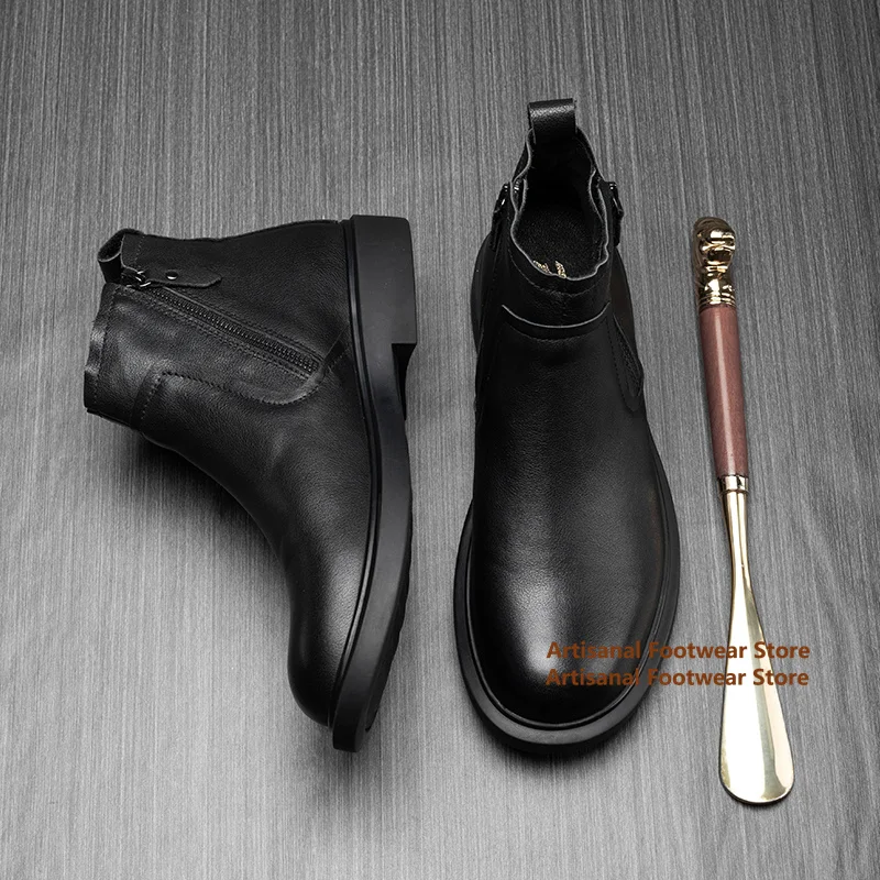 

Side Zipper Men's Chelsea Boots British Style High-Top Black Leather Shoes Genuine Leather Ankle Boots Trendy Men's Shoes