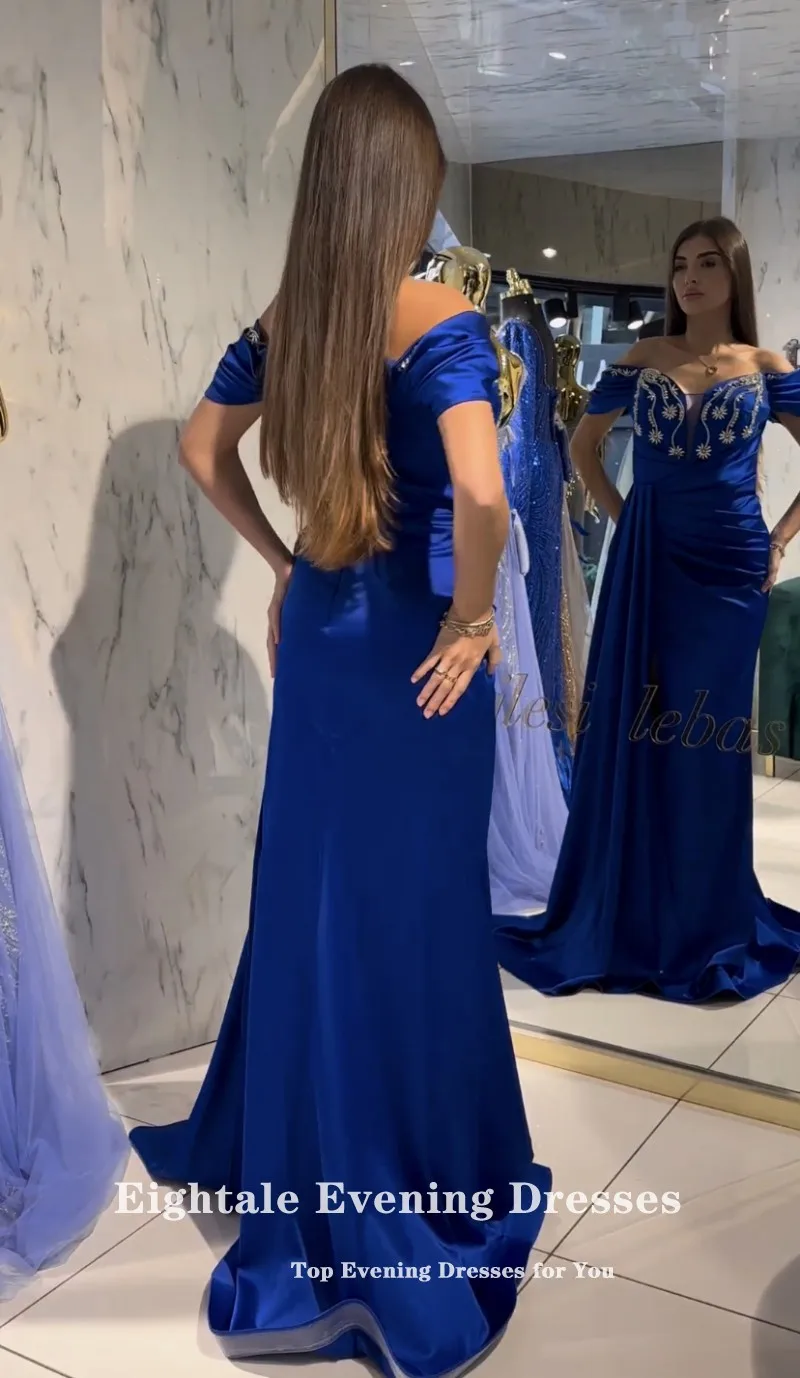 Eightale Royal Blue Evening Dresses Sweetheart Beaded Off the Shoulder Arabic Mermaid Prom Party Gown Wedding Vestidos De Gala