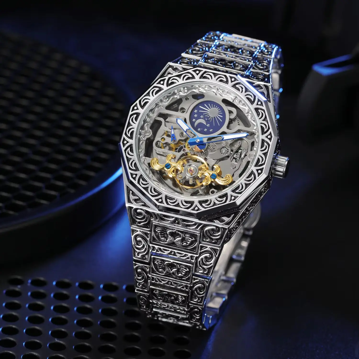 Forsining Luxury Tourbillon Skeleton Mechanical Watch for Men Moon Phase Retro Automatic Watches Engraved Stainless Steel Strap