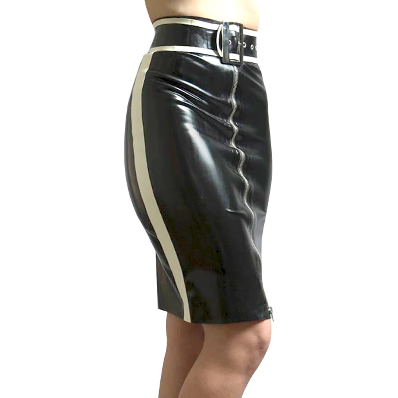 

Black And White Trims Sexy Latex Skirts With Belts Full Zipper Front Trims At Sides Rubber Bottoms Uniform DQ-0073