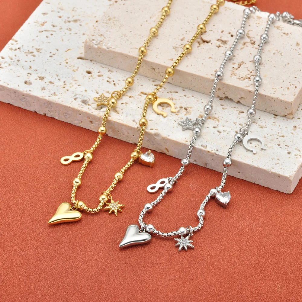 JeeMango Romantische Zirkon-Stern-Herz-Anhänger-Halskette, 18 Karat vergoldeter Edelstahl, Modeschmuck, Valentinstagsgeschenk N26005