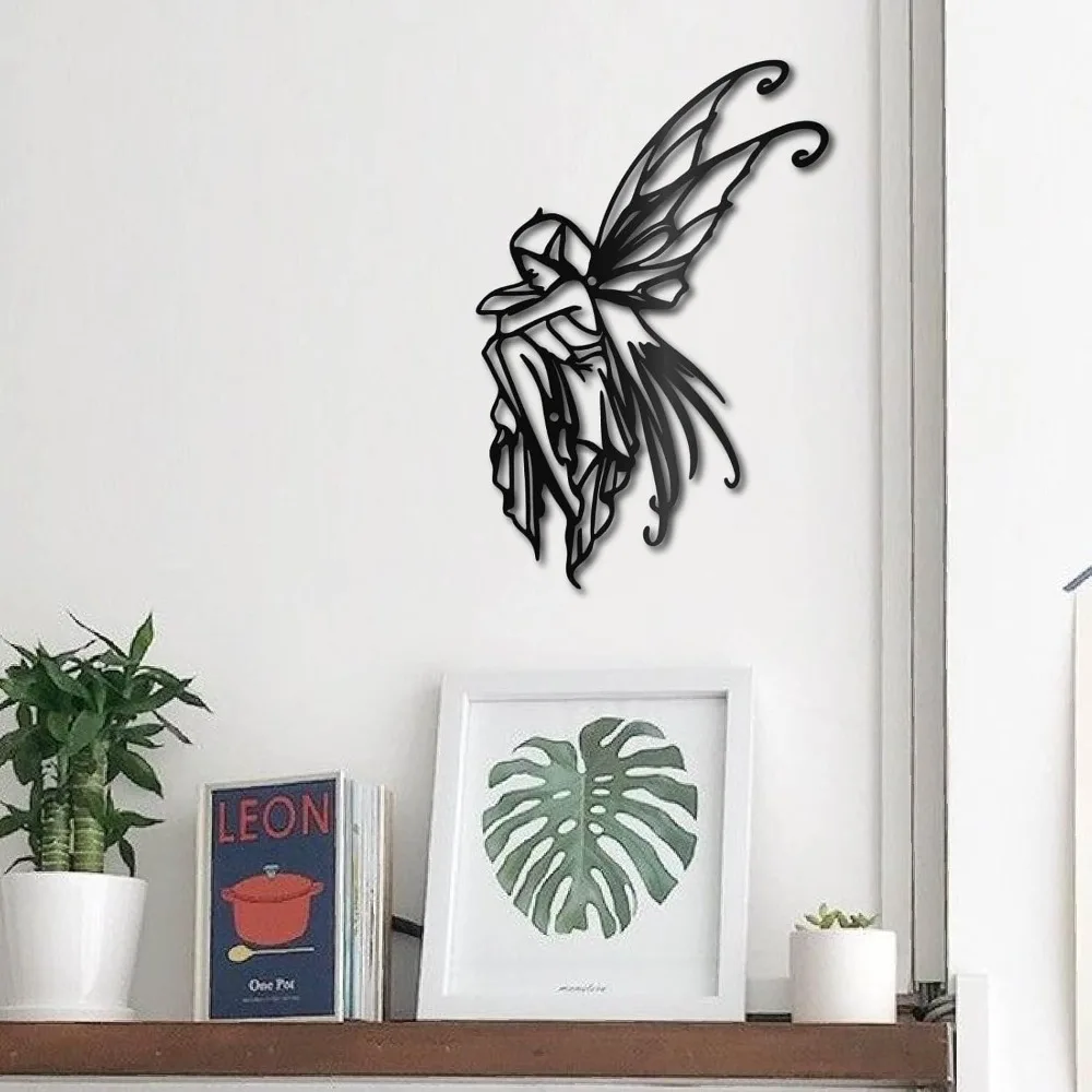 CIFBUY Décoration murale en fer forgé, résistante à la rouille et aux intempéries, pour intérieur et extérieur, décoration suspendue, fée Genie 2D plate