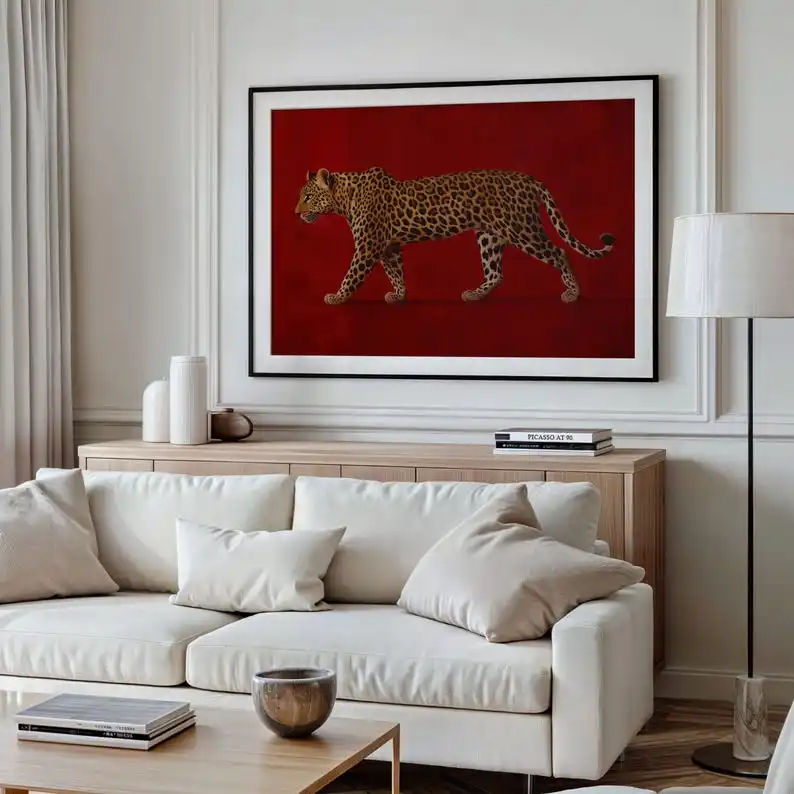 Vintage Rotes Leoparden-Leinwandbild Rahmenloses Maximalistisches Old-Money-Kunstwerk für Luxuriöse Maskuline Schlafzimmerdekoration Geschenk – Detail 6