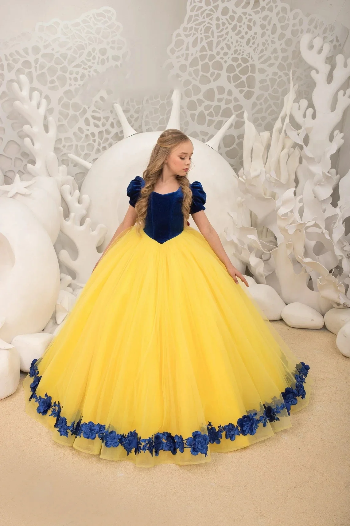 Gelbe geschwollene Blumen mädchen kleider Tüll boden lang elegantes Kind Prinzessin Geburtstag Hochzeits feier Kleider Fotoshooting Ballkleid